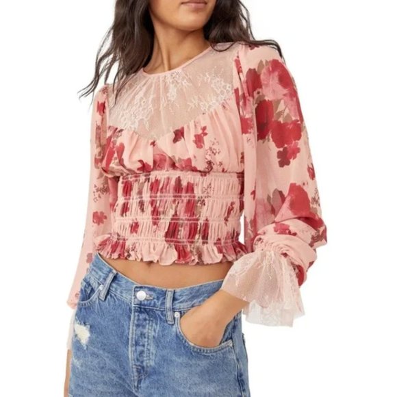 NWT Free People Daphne Cropped Smocked Romantic Blouse - Picture 1 of 15